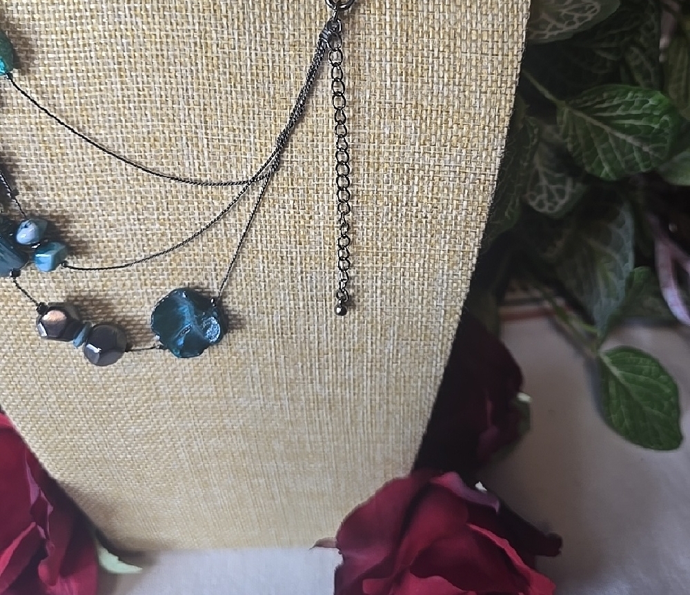 Multi-Strand Teal and Black Necklace: MOP, Abalone, Acrylic & Hematite - Picture 2 of 9
